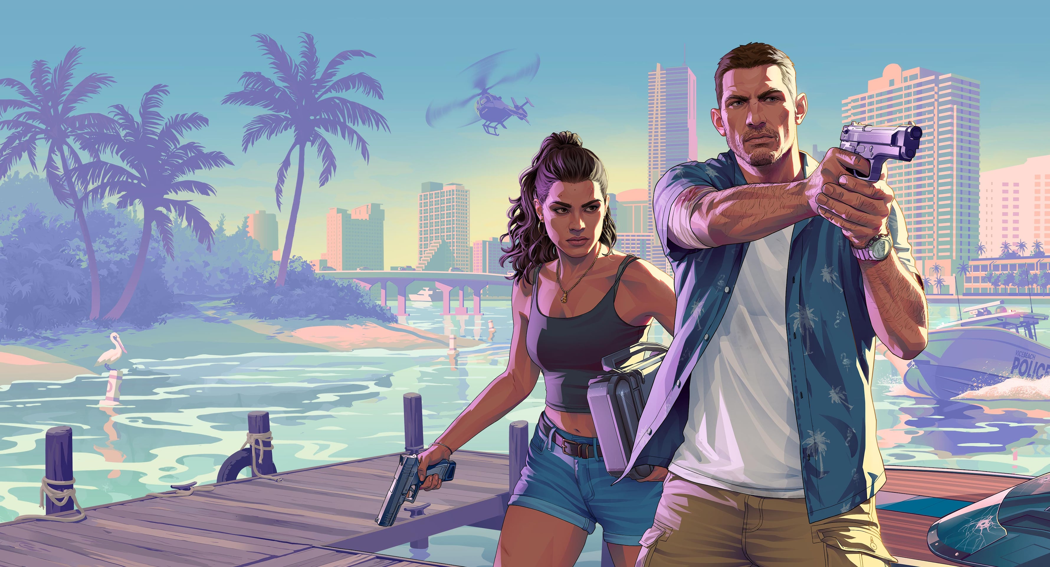 Arte oficial dos protagonistas Jason Duval e Lucia Caminos em GTA VI.